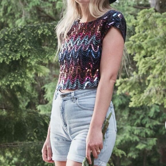 Vintage 80s / 90s Sequin Sparkly Disco Short Sleeve Blouse - Picture 10 of 13